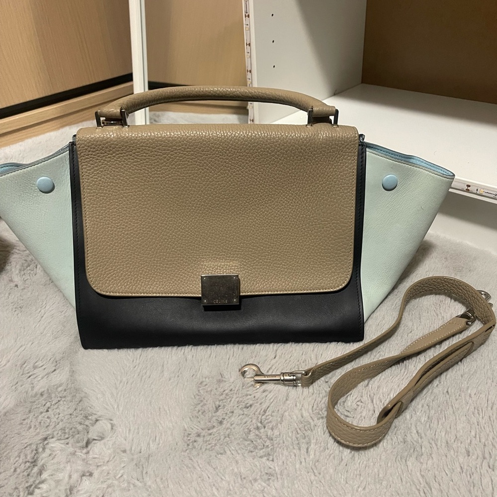 Celine Tri-Color Leather Top Handle Satchel - Taupe, Black & Light Blue